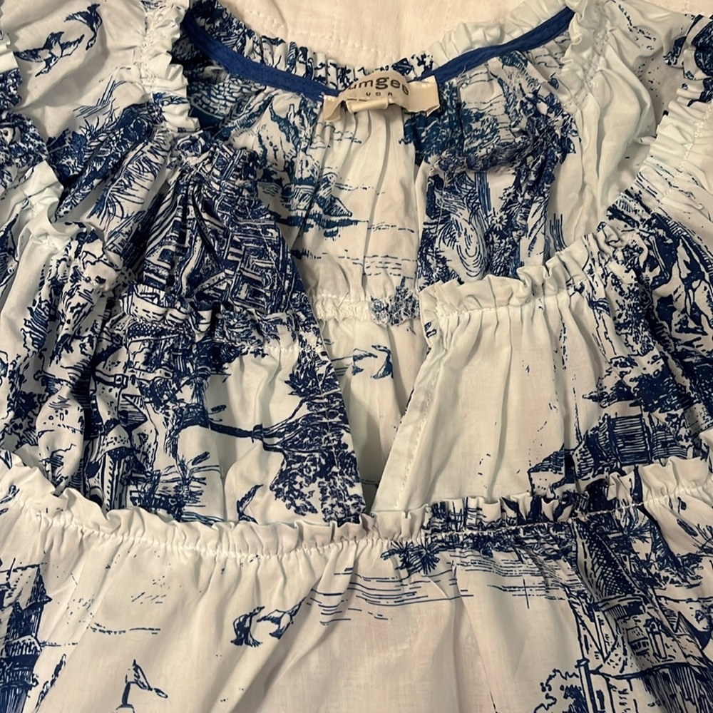 Umgee Toile Print Pullover Top with Puff Sleeves and Shirring Details - EUC - Picture 6 of 8